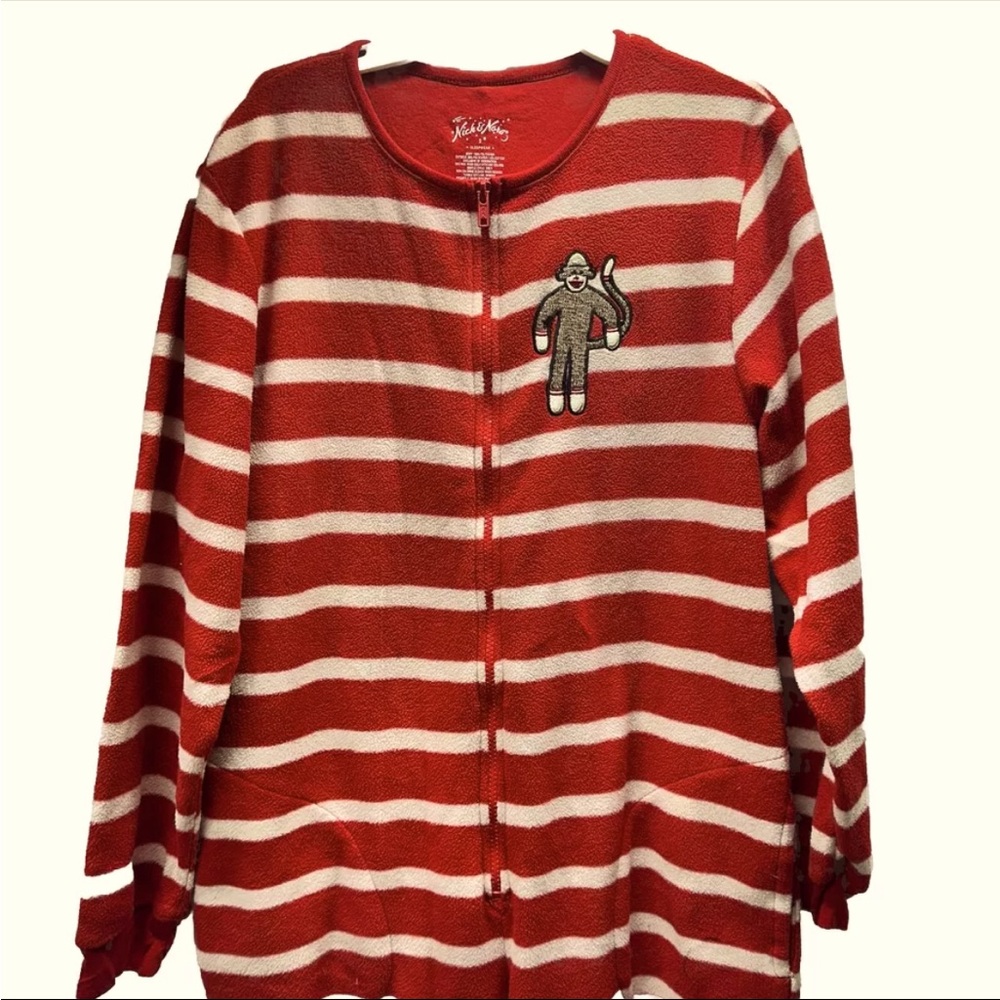 Women’s S Nick & Nora Footie Pajama PJ’s Fleece One Piece Jumpsuit Sock Monkey